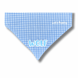 reversible dog bandana, blue gingham, let's pawty