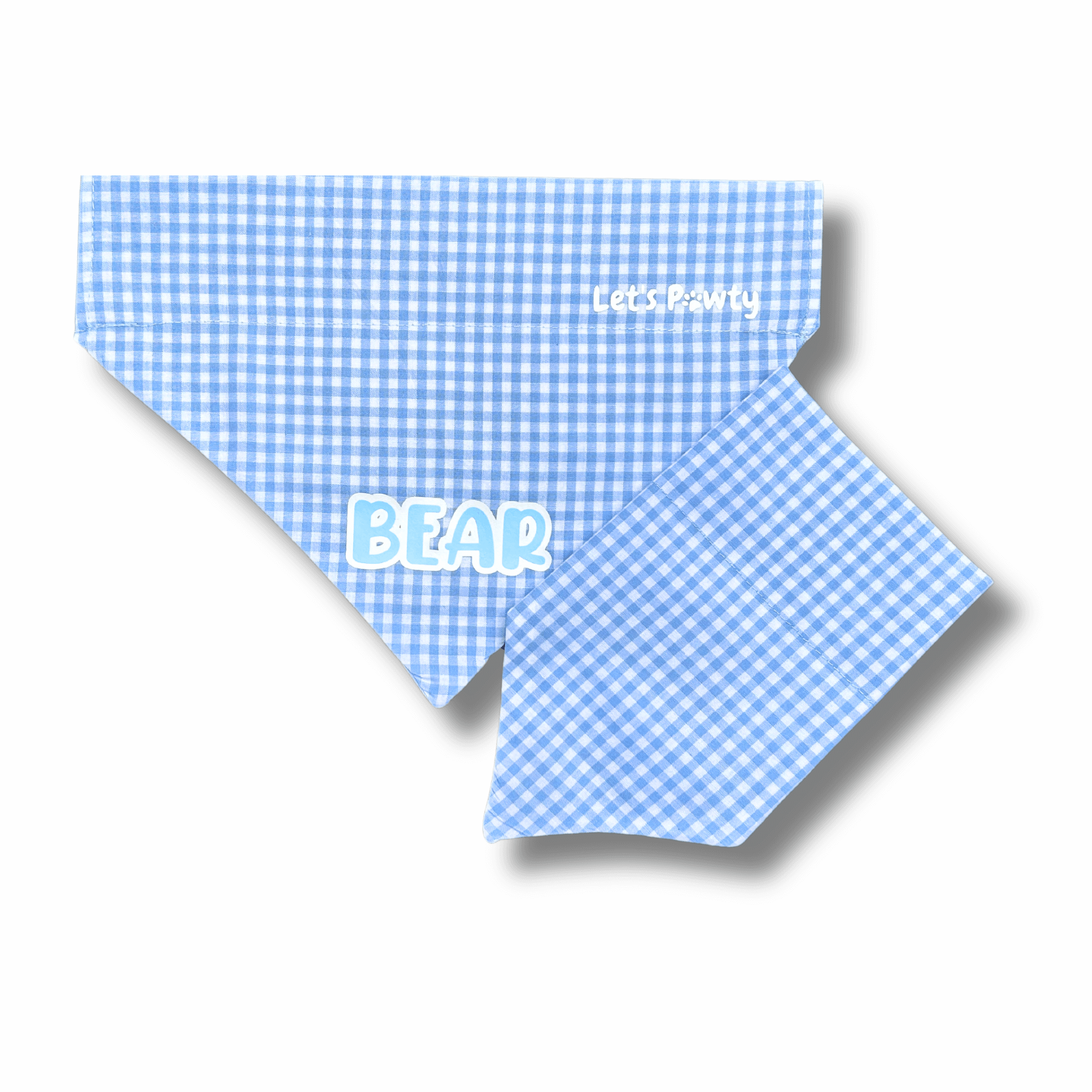 reversible dog bandana, blue gingham, let's pawty
