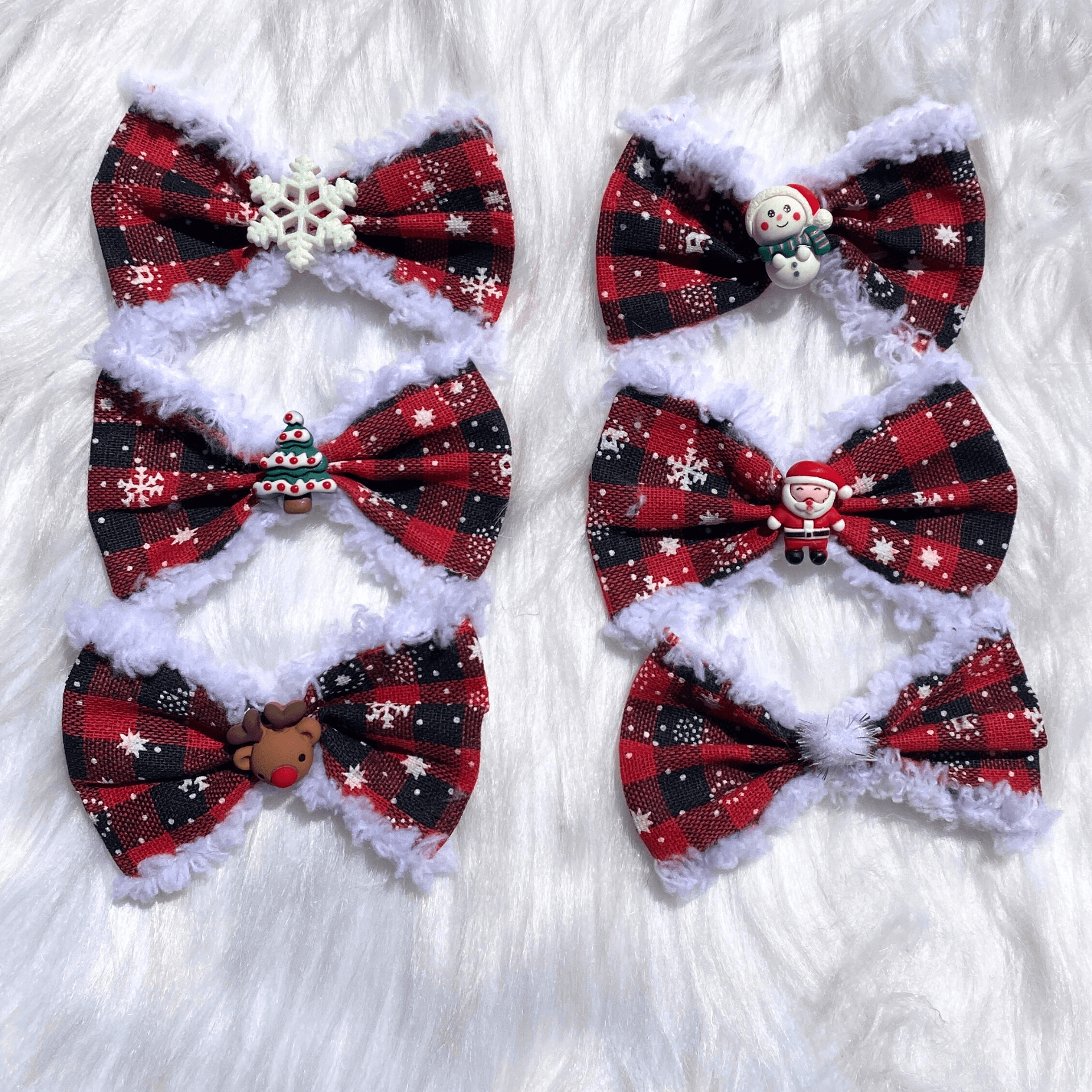 Red plaid buffalo check with snowflakes dog bow accessory let's pawty