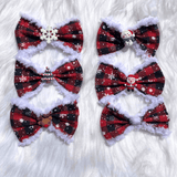Red plaid buffalo check with snowflakes dog bow accessory let's pawty