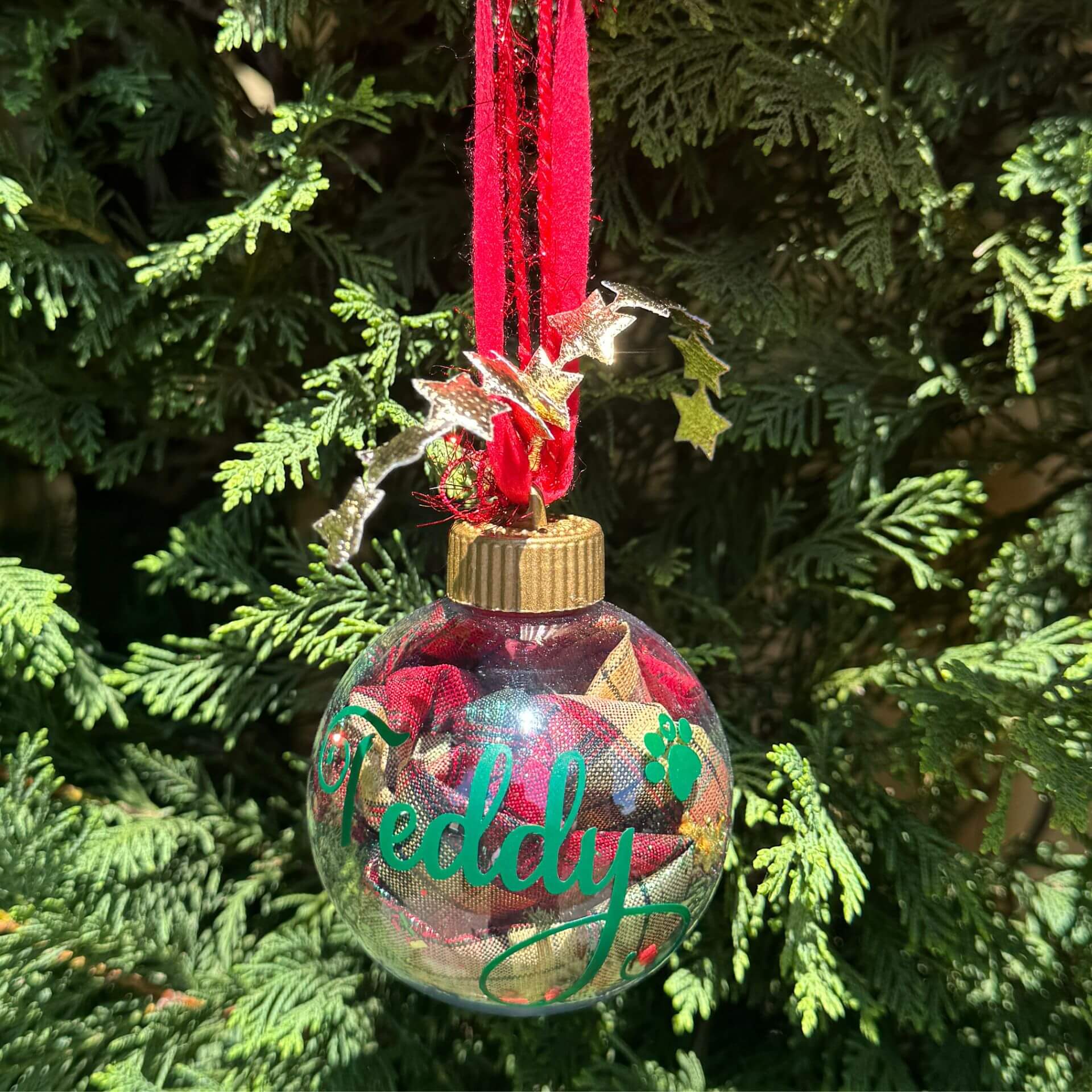 Decorative Christmas ornament with 'Teddy' on a tree