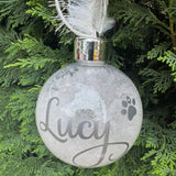 Decorative Christmas ball ornament with 'Lucy' and a paw print on a green tree background