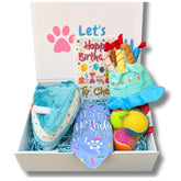 personalised dog gift box with bandana, cake hat, balls and card, let's Pawty