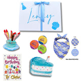 personalised dog gift box with bandana, cake hat, balls and card, let's Pawty