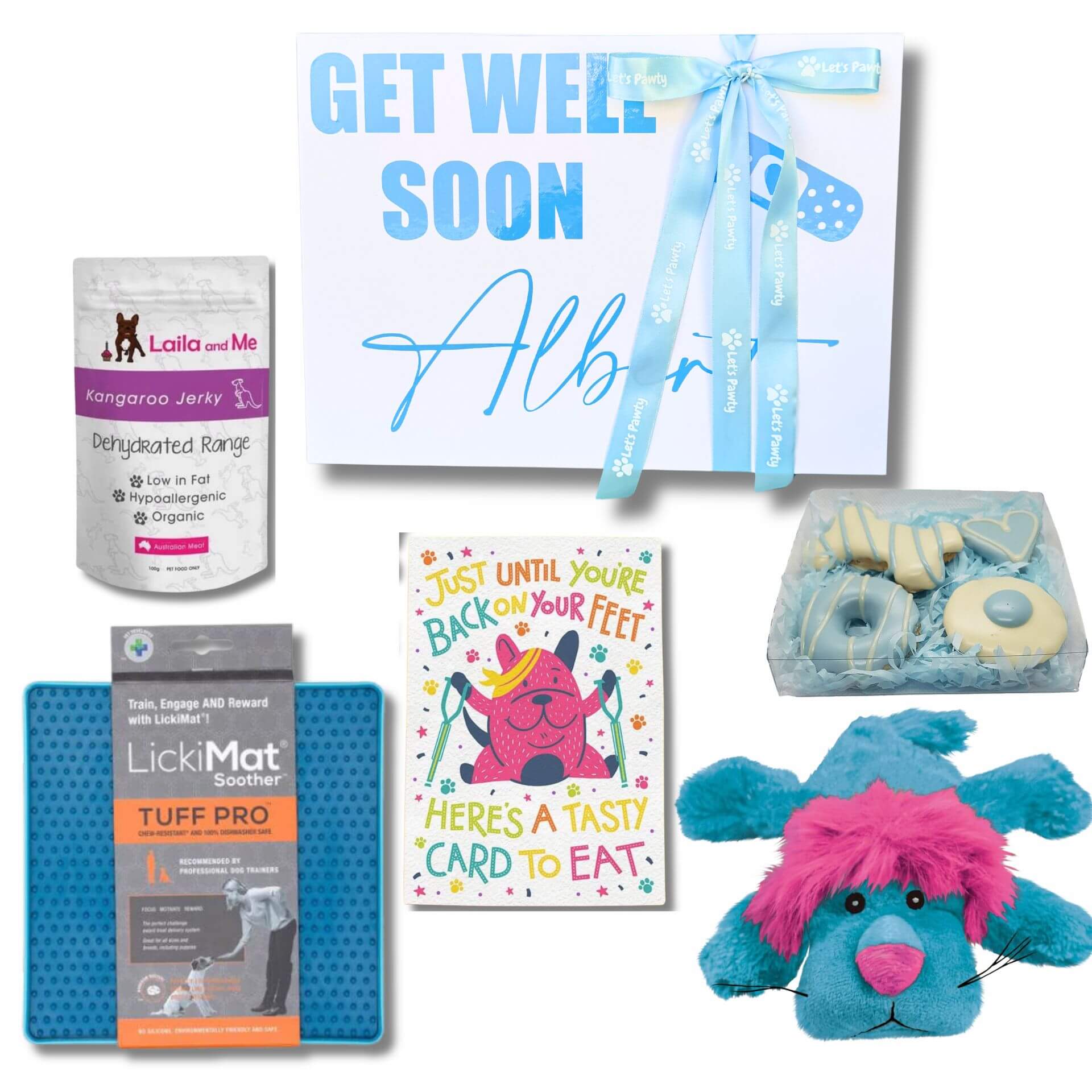 Get well soon personalised dog gift box let's pawty