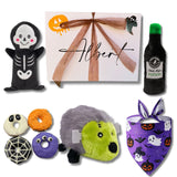 Halloween personalised dog gift box, dog toys, dog treats, bandana