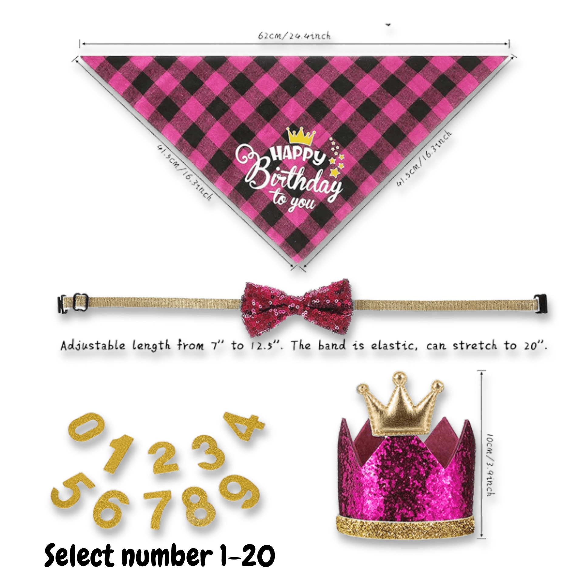 og birthday hat, crown, bow tie set, let's pawty