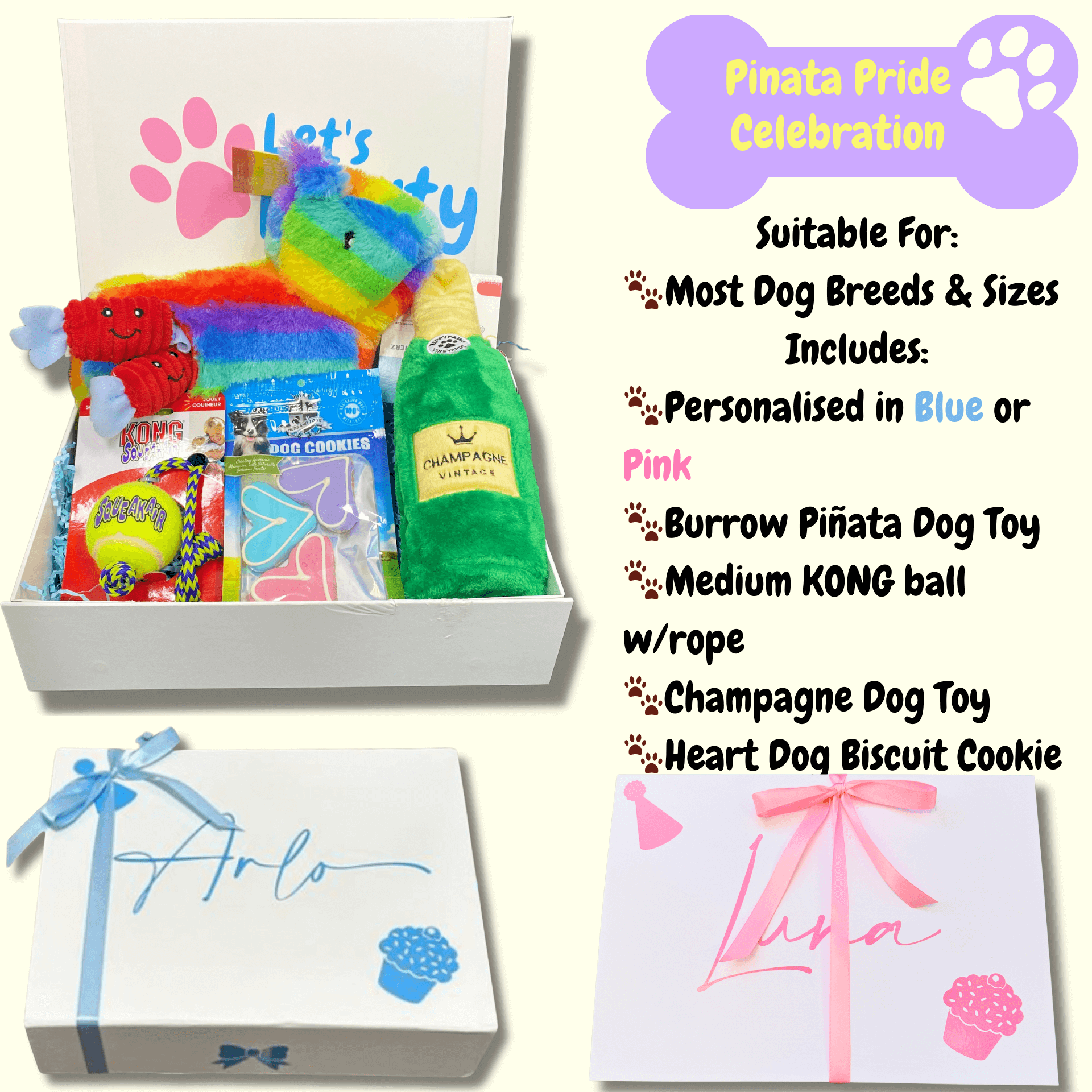 zippy burrow piñata dog themed gift box, personalised with your fur baby's name