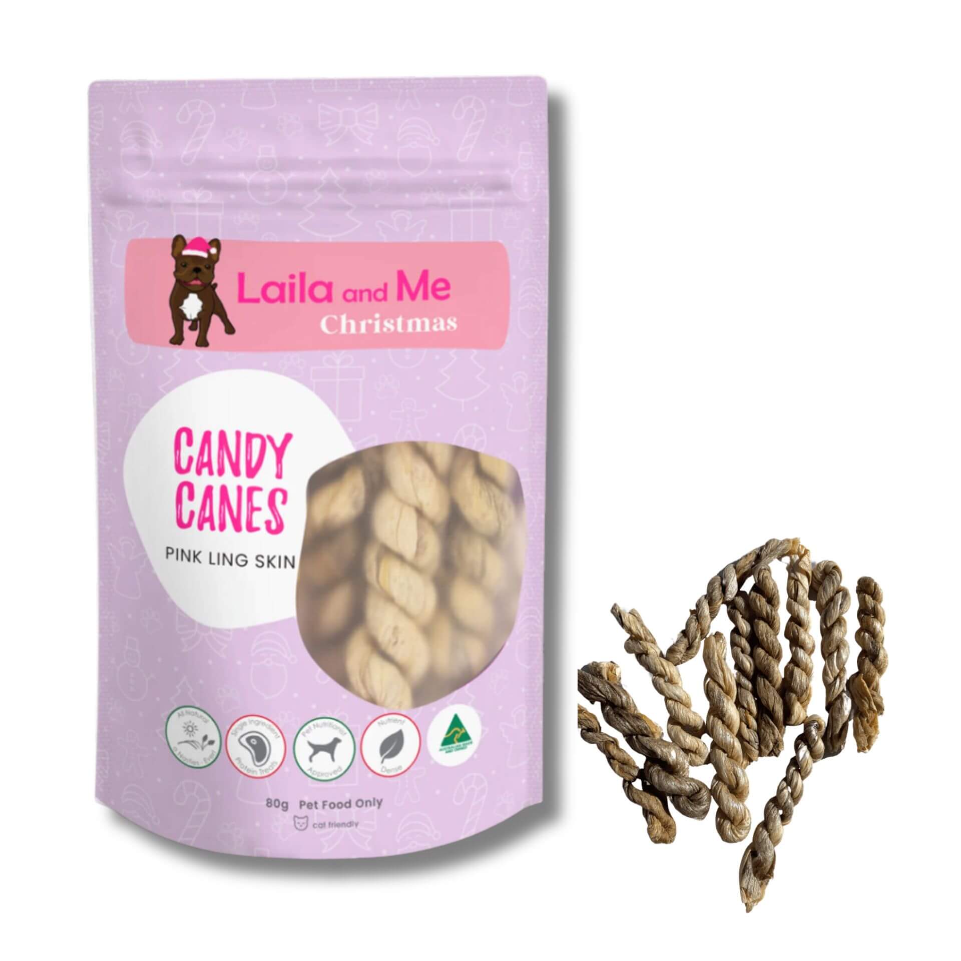 Candy cane kisses, pink ling skin dog treat.
