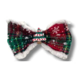 Dog bow over the collar accessory red and green plaid, let's pawty