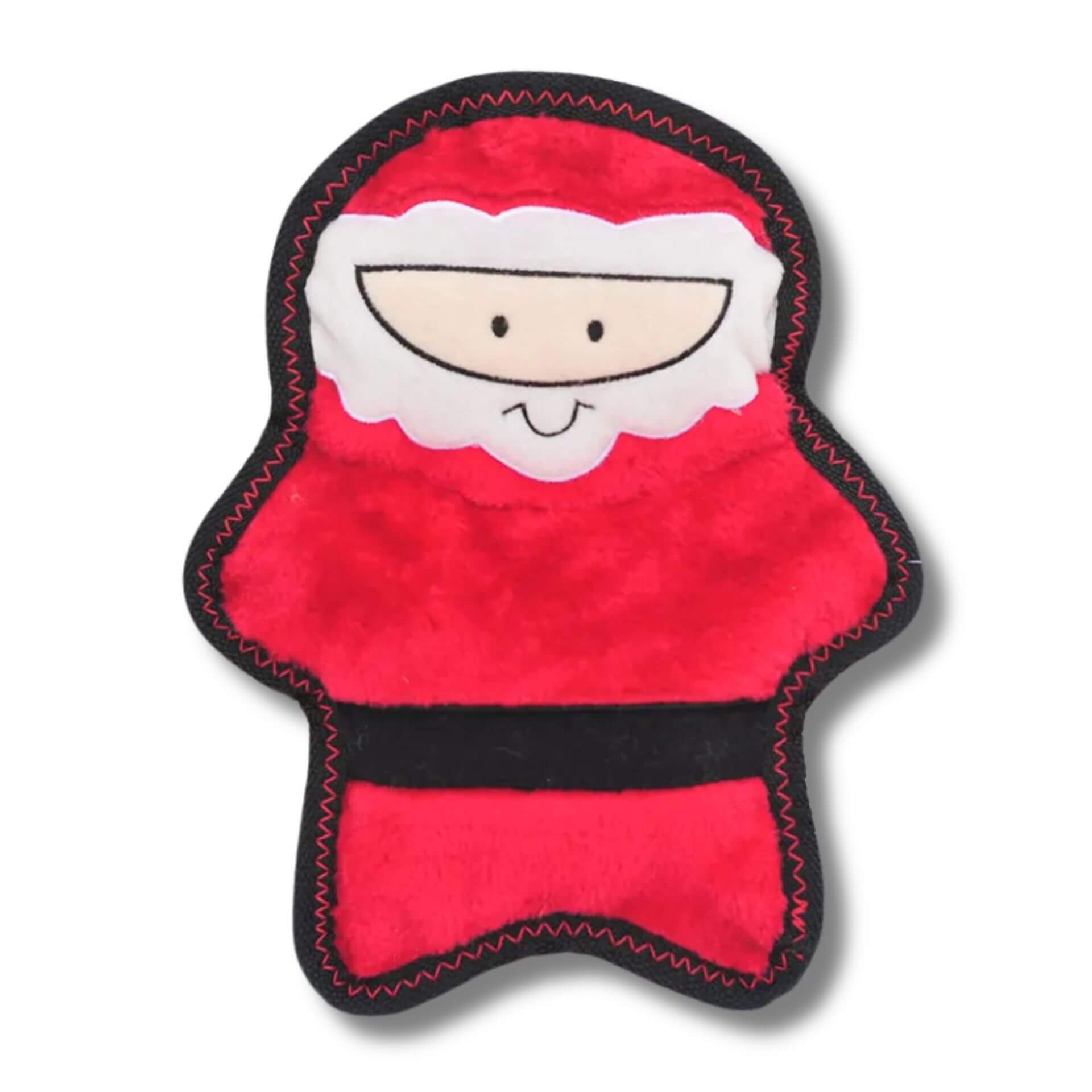 A red and black plush dog toy designed to resemble Santa Claus with a white beard and a black belt.