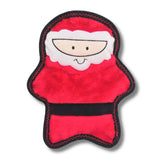 A red and black plush dog toy designed to resemble Santa Claus with a white beard and a black belt.