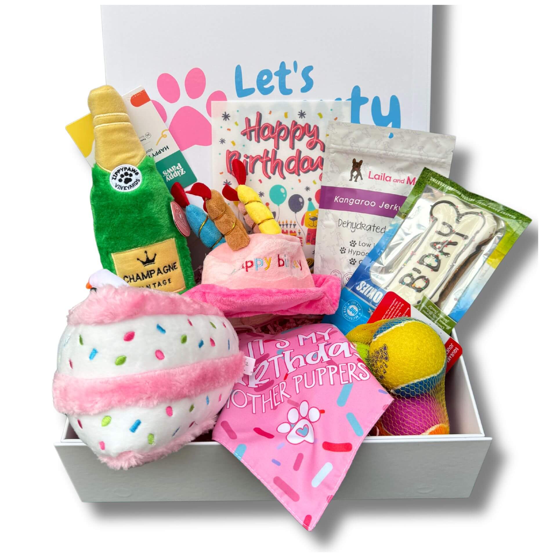 personalised dog gift box, let's pawty