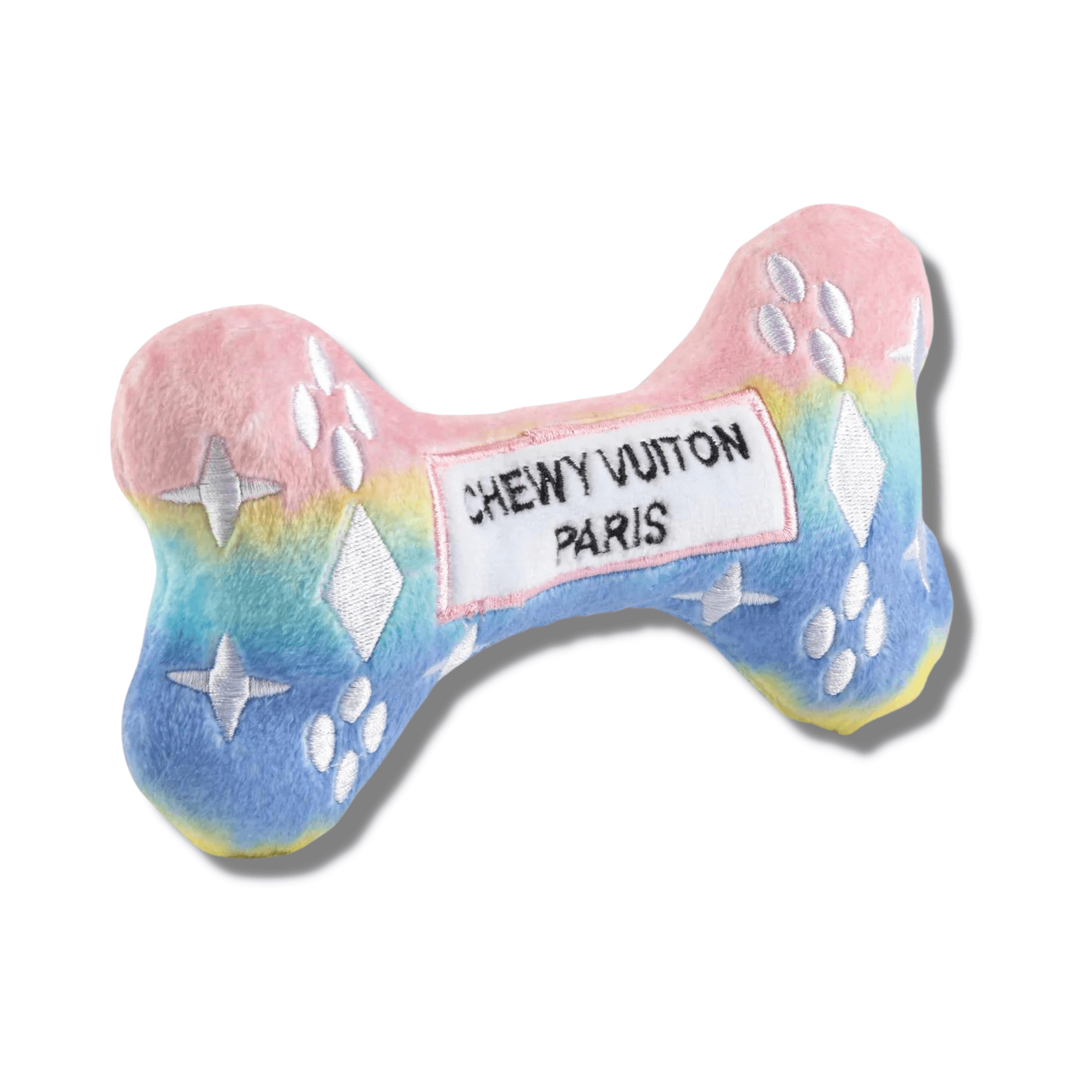 Plush designer parody dog toy, let's pawty