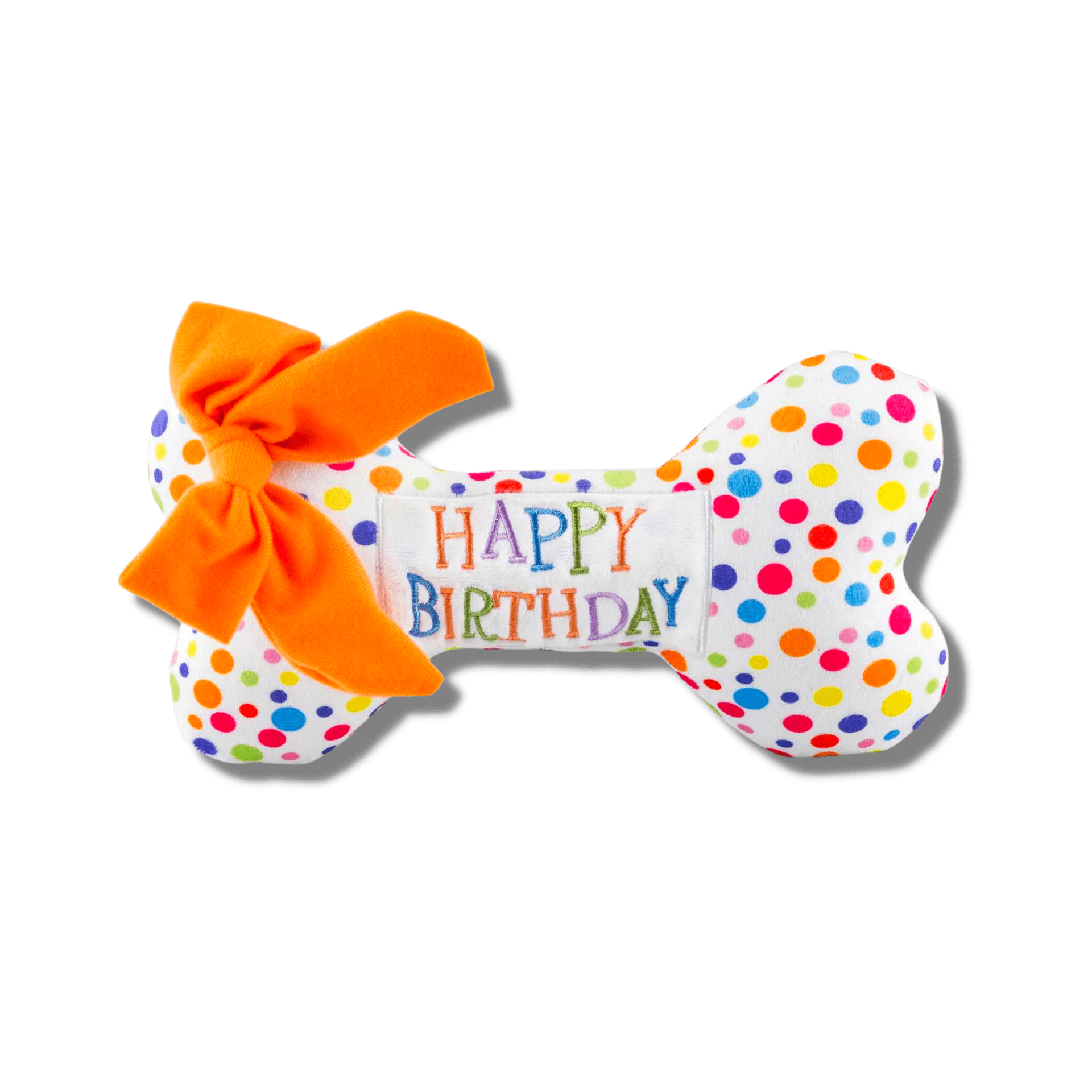 Happy birthday plush dog toy, let's pawty