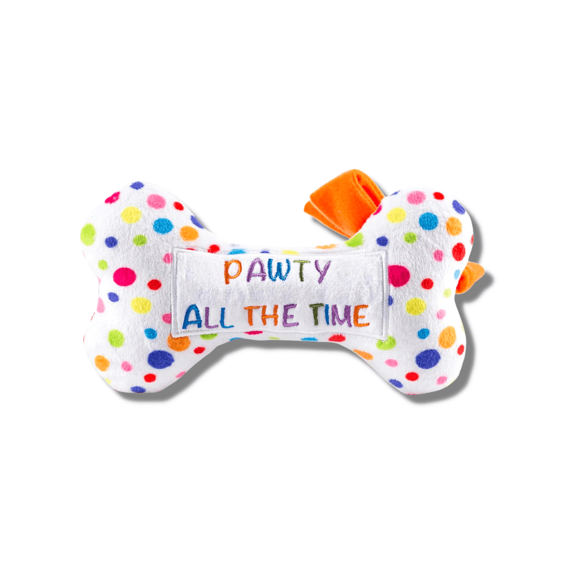 Happy birthday plush dog toy, let's pawty