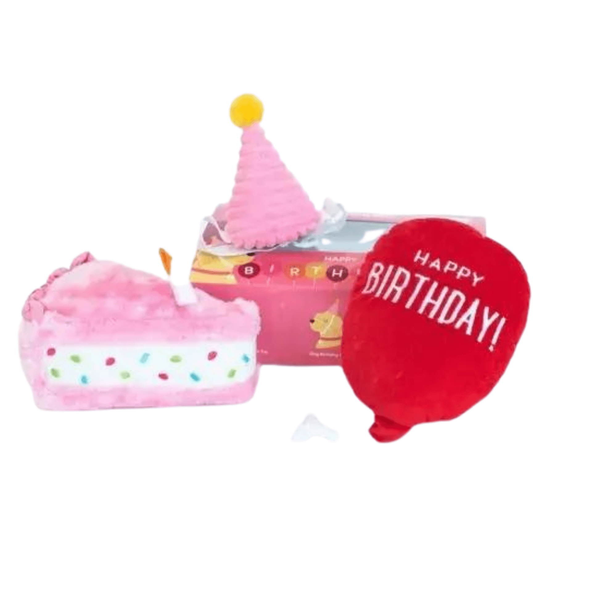 Pink Dog gift box with Balloon. cake and hat