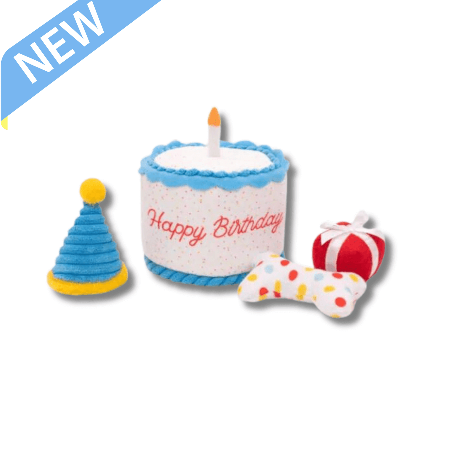 Happy birthday burrow, cake, hat and bone dog toy
