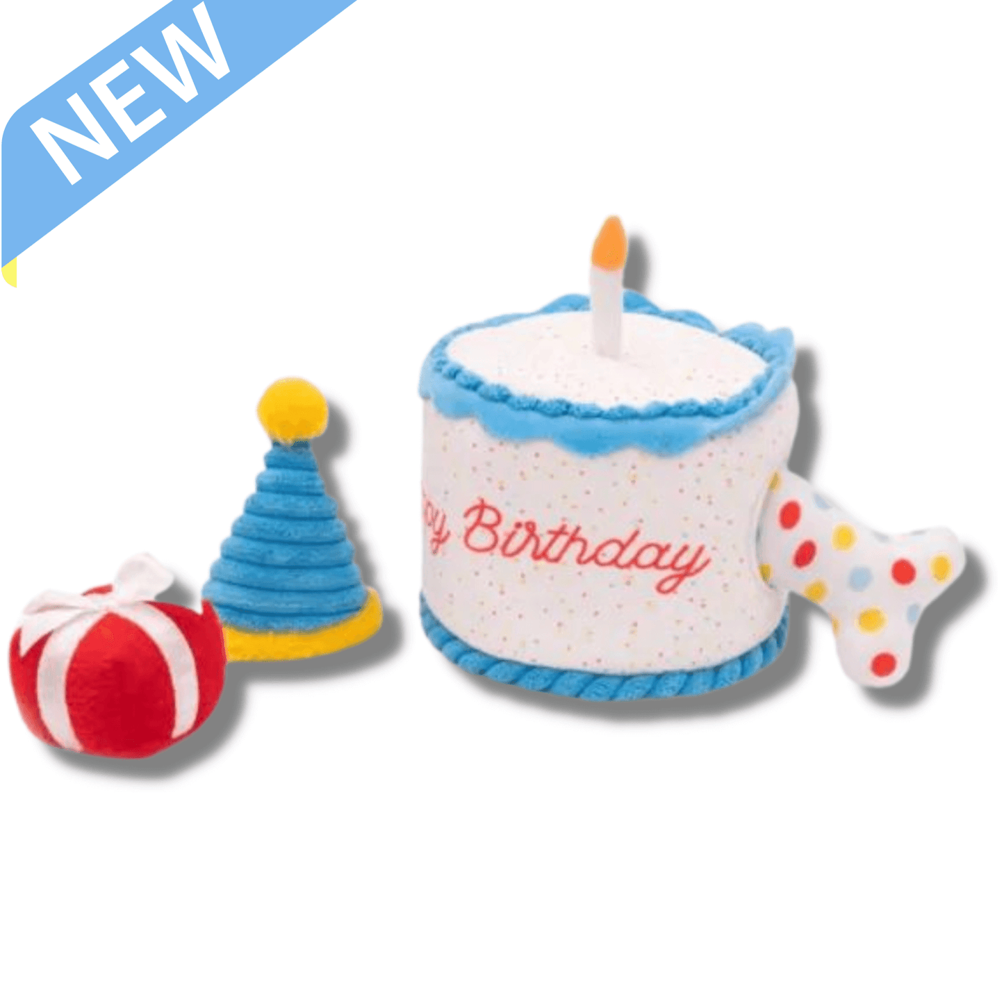 Happy birthday burrow, cake, hat and bone dog toy