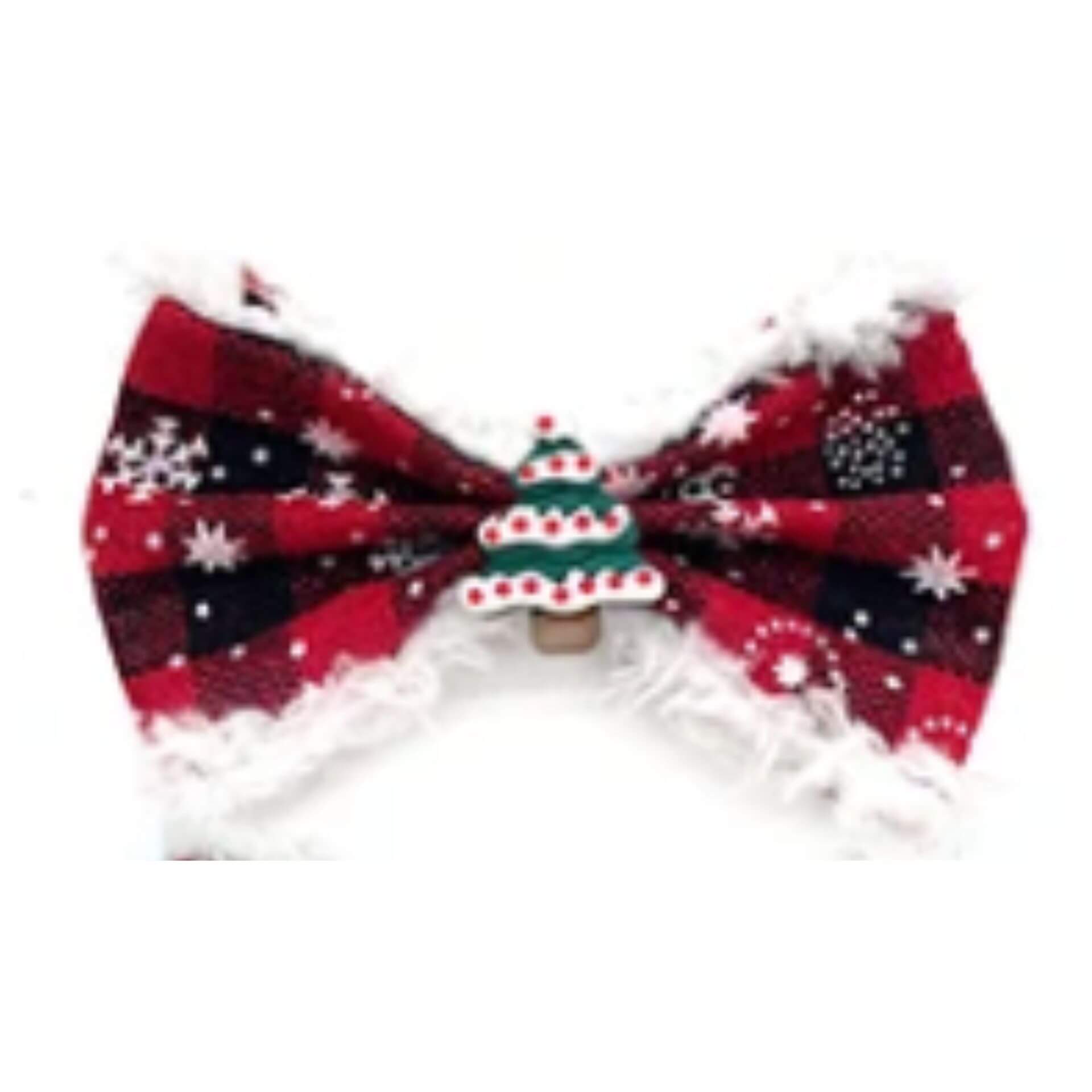 Red plaid buffalo check with snowflakes dog bow accessory let's pawty