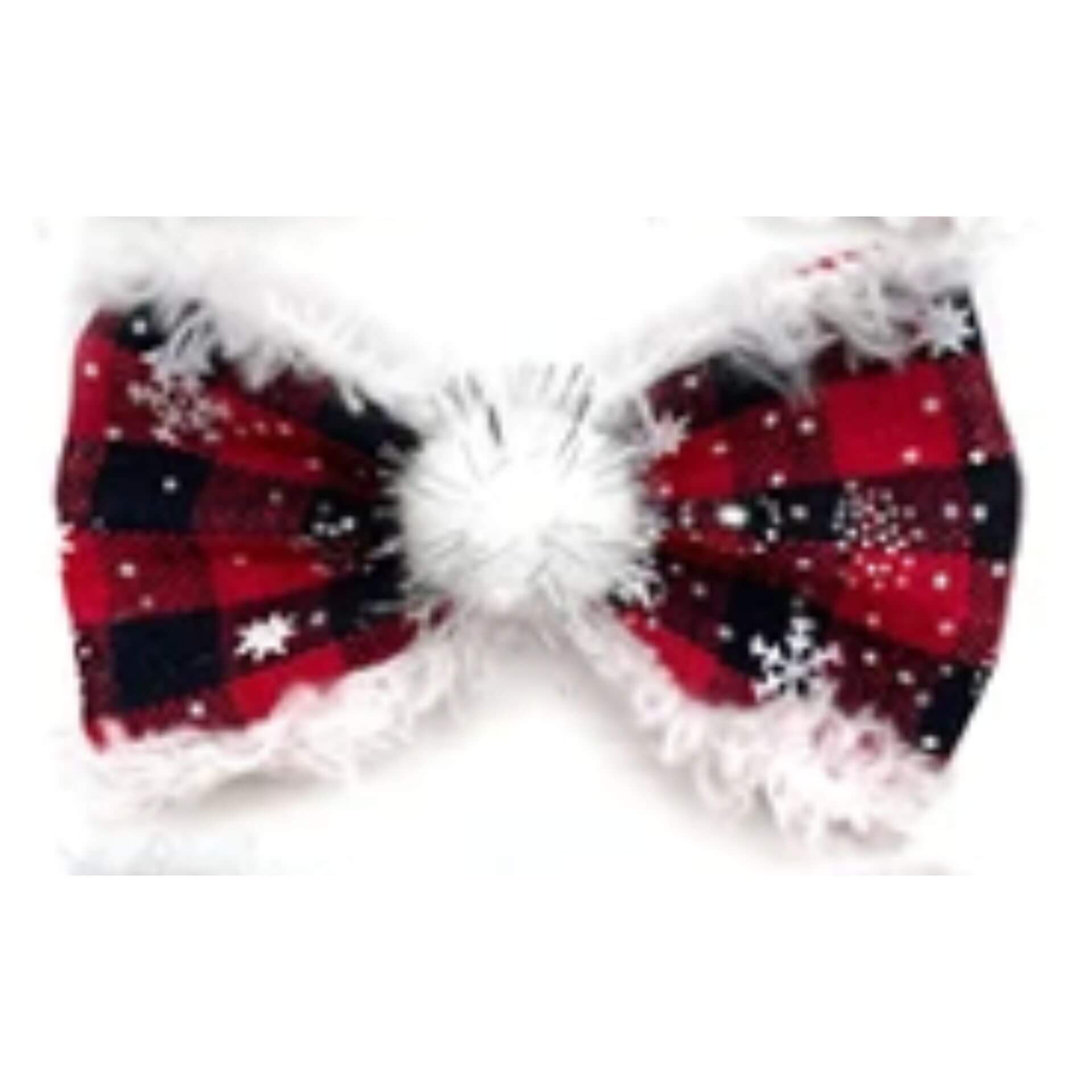 Red plaid buffalo check with snowflakes dog bow accessory let's pawty