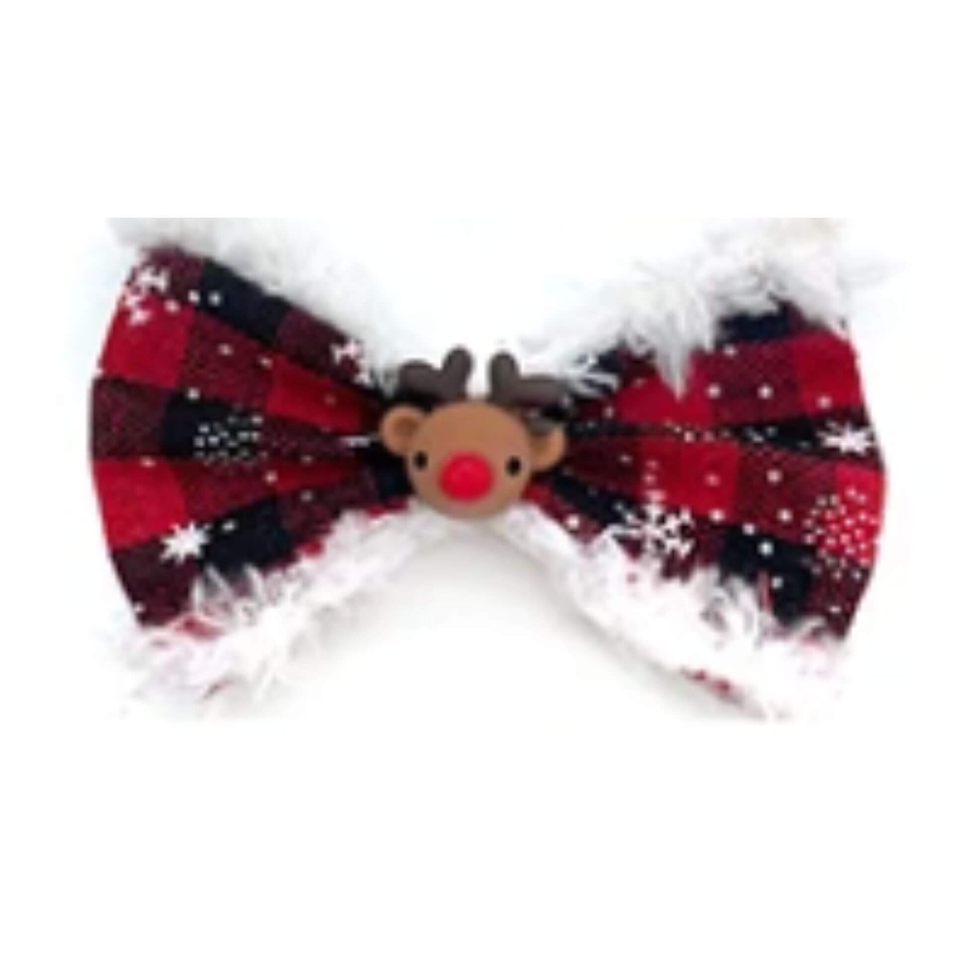 Red plaid buffalo check with snowflakes dog bow accessory let's pawty