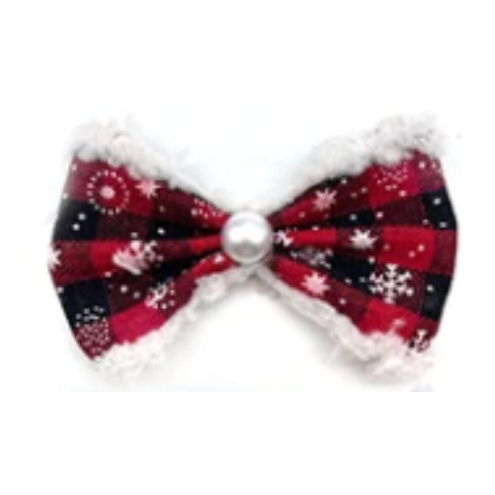 Red plaid buffalo check with snowflakes dog bow accessory let's pawty