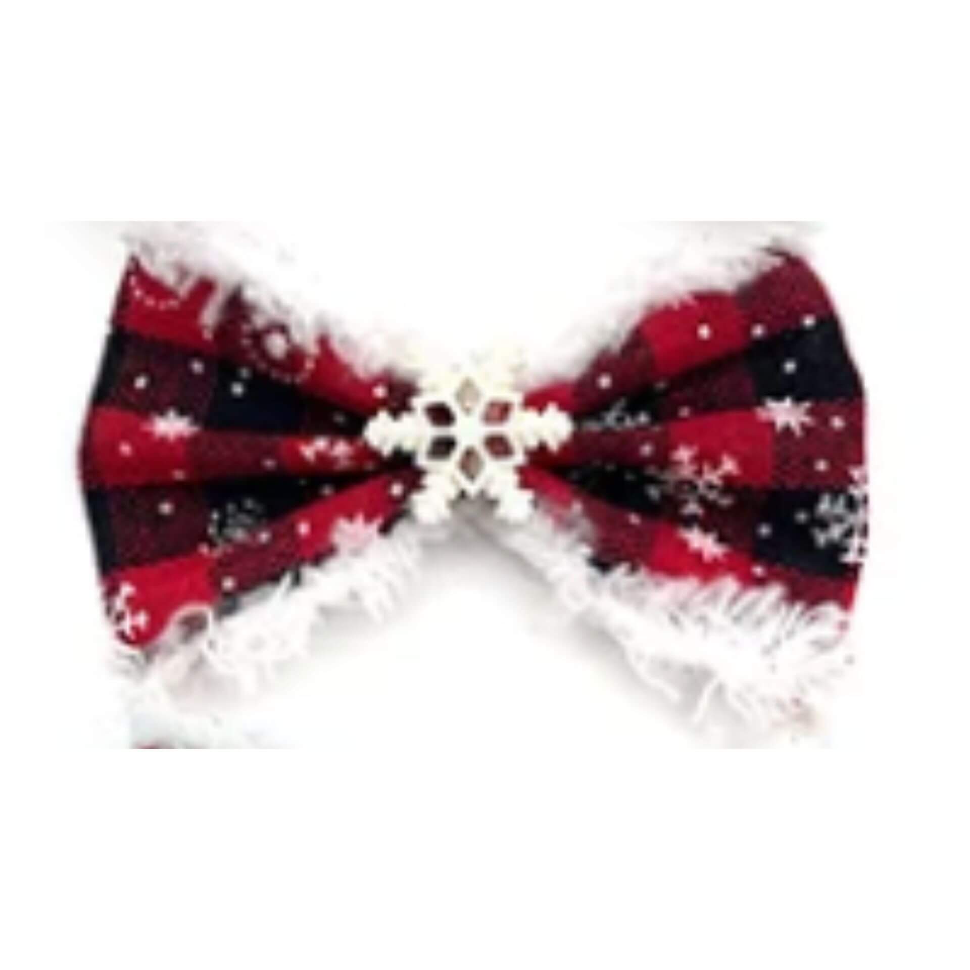 Red plaid buffalo check with snowflakes dog bow accessory let's pawty