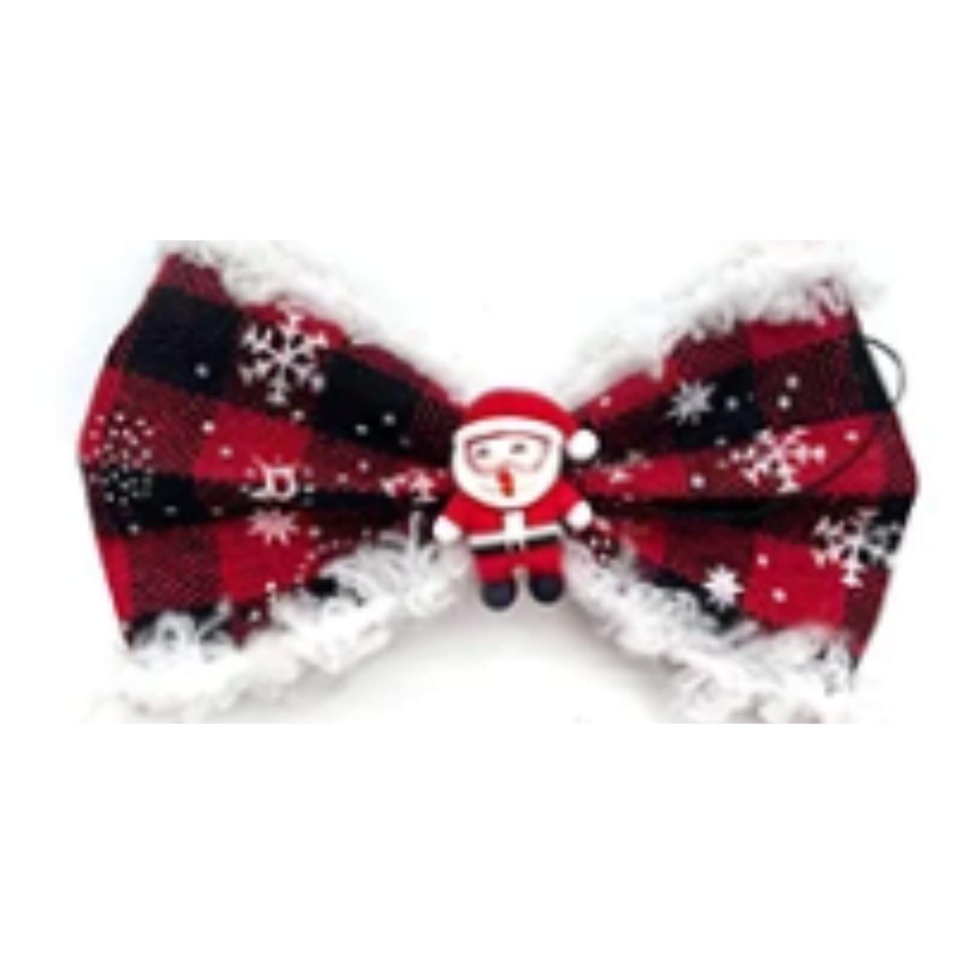 Red plaid buffalo check with snowflakes dog bow accessory let's pawty