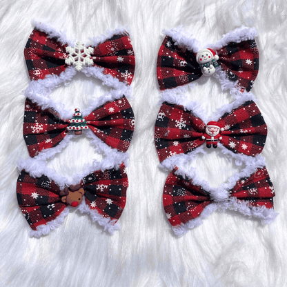 Red plaid buffalo check with snowflakes dog bow accessory let's pawty 