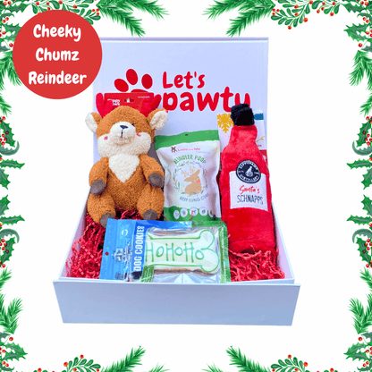 Reindeer Cheeky Chumz Dog gift box personalised, Let's Pawty