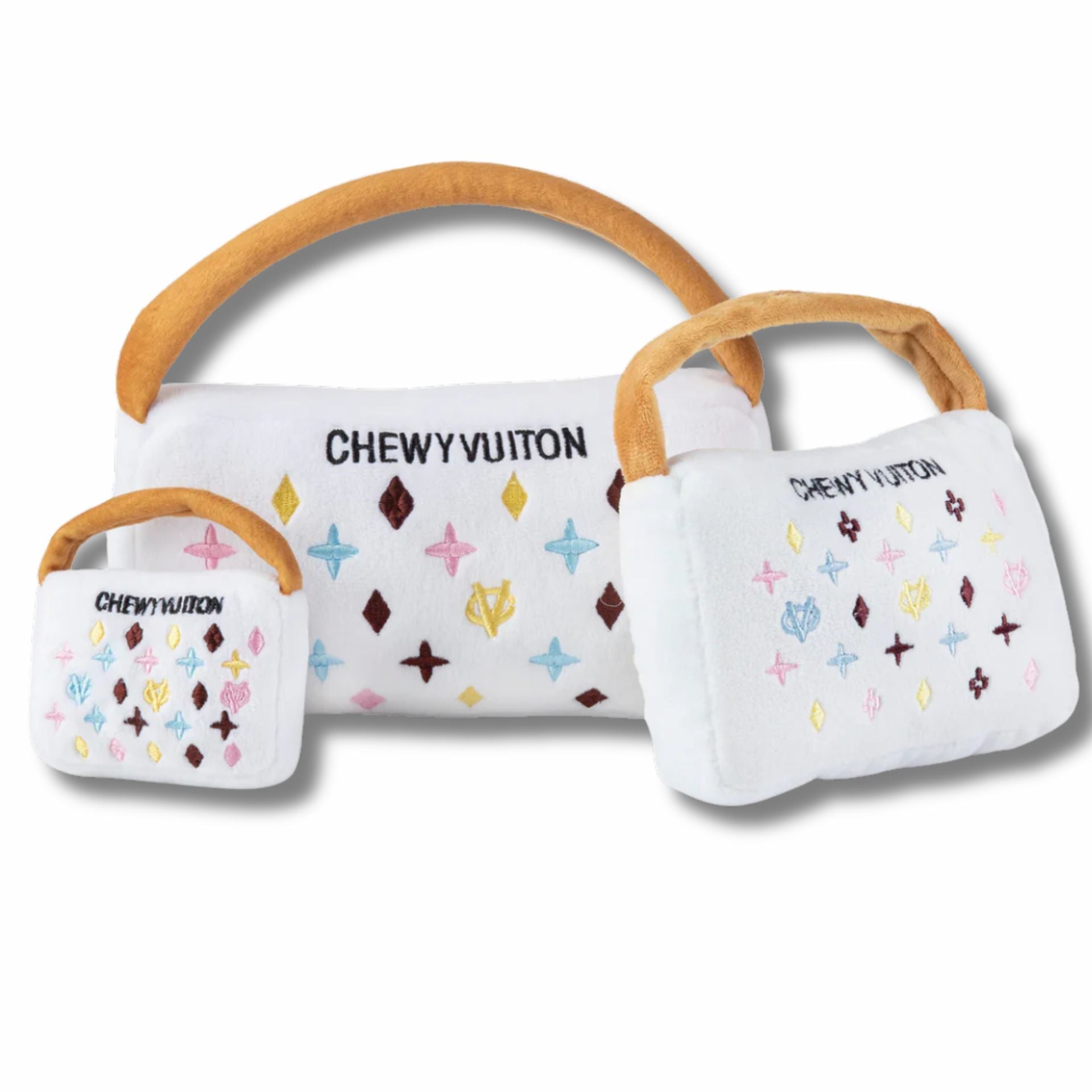 chewy vuiton dog toy handbag in white Let's Pawty Sydney