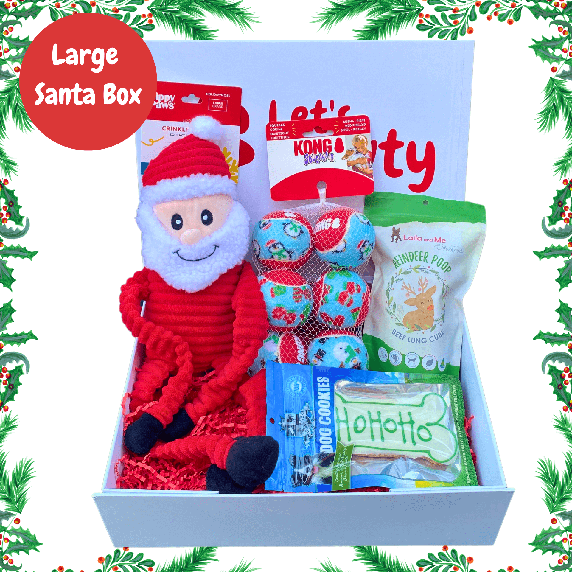 Santa personalised dog gift box, let's pawty