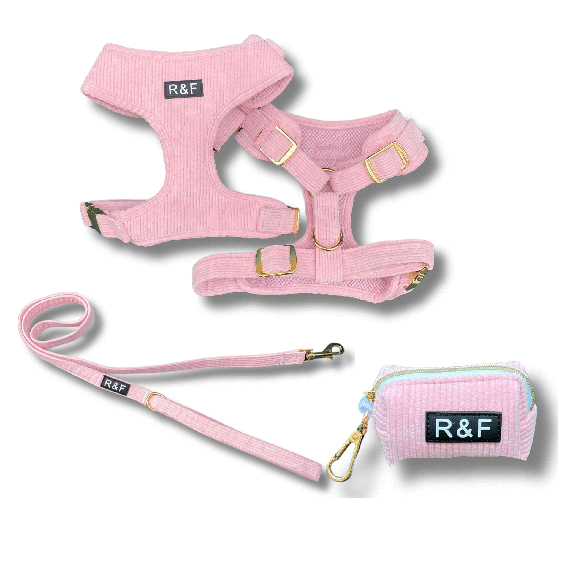 Pink dog harness, leash and poo bag holder set