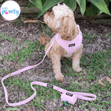 Pink dog harness, leash and poo bag holder set