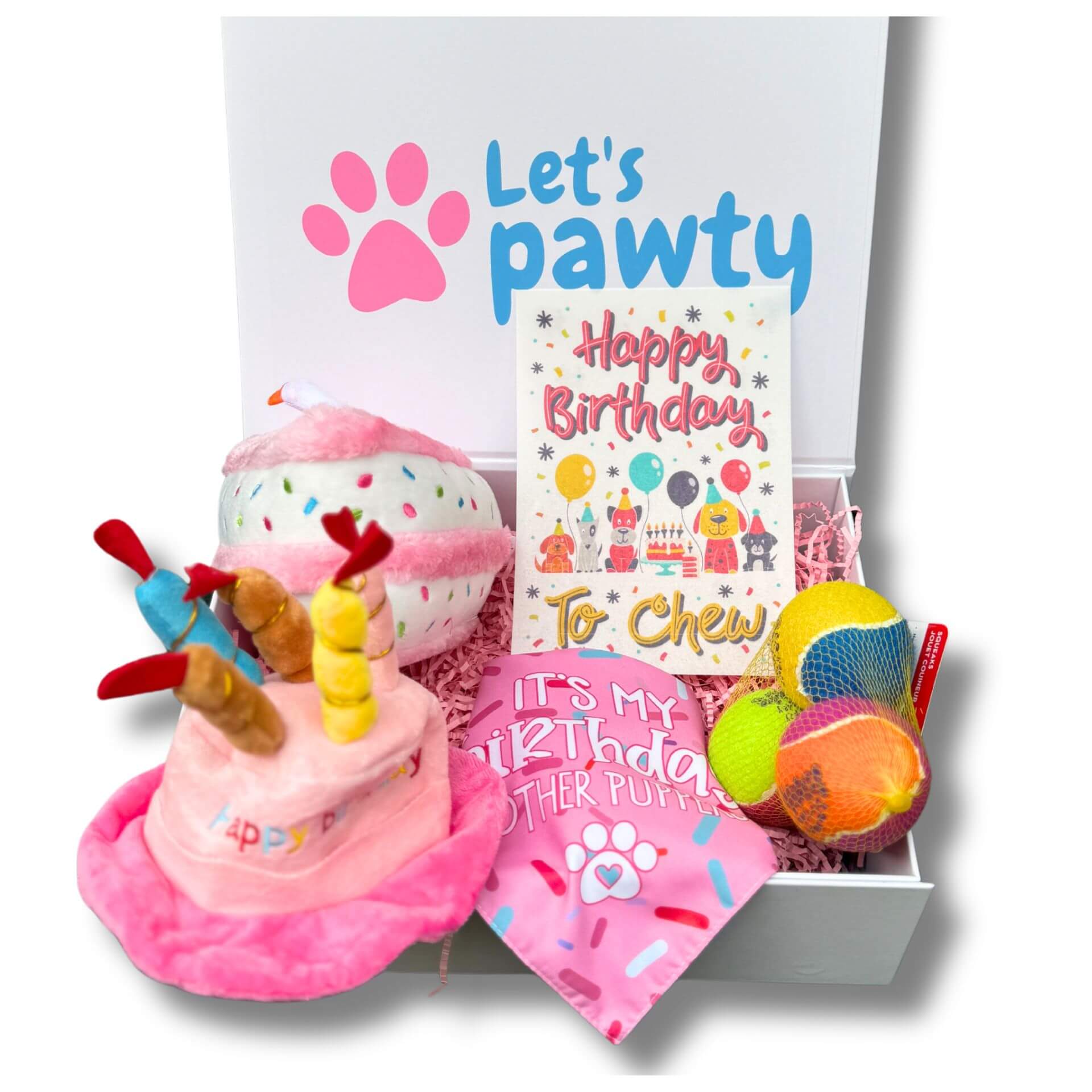 personalised dog gift box , let's pawty 