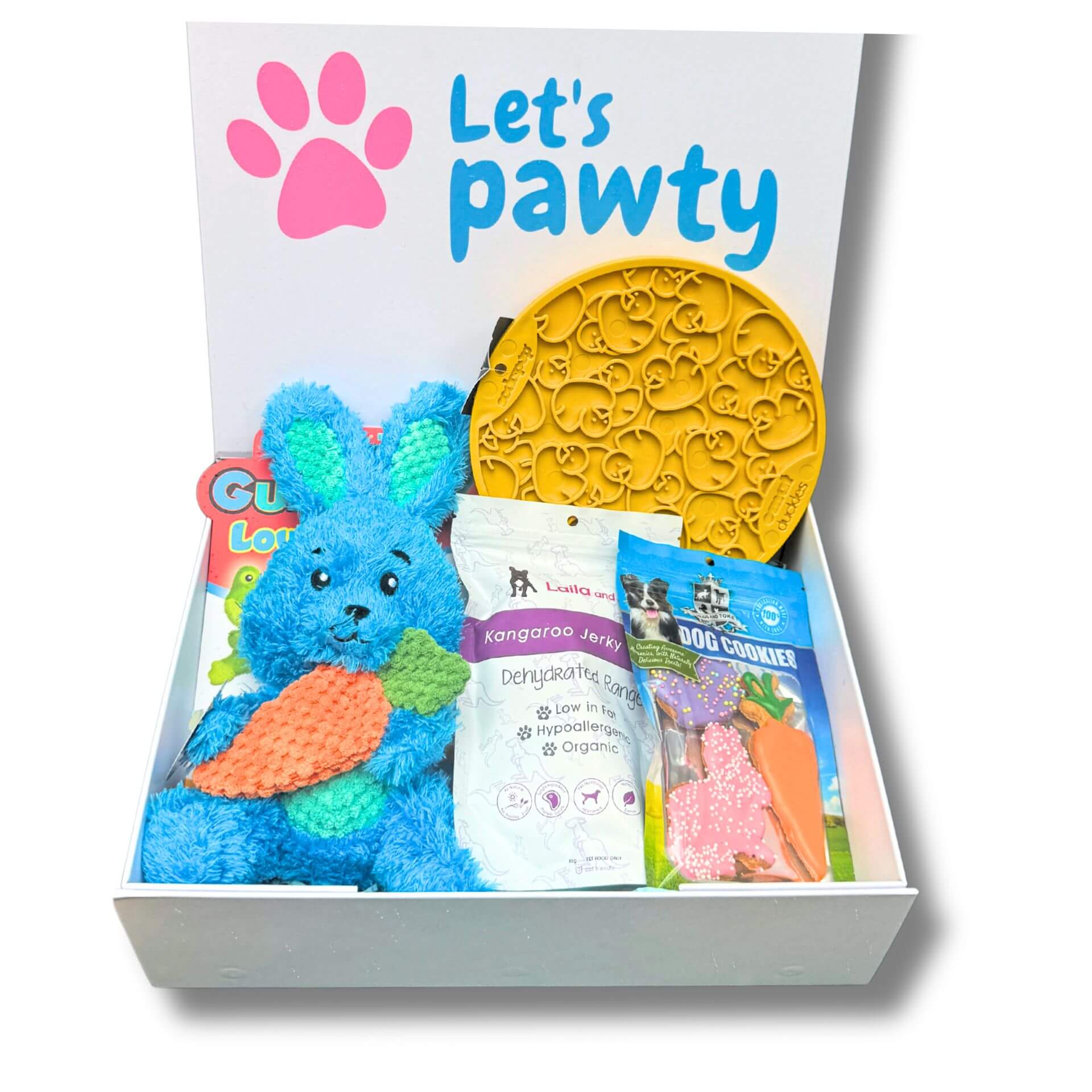 Bunny personalised dog gift box, let's pawty 