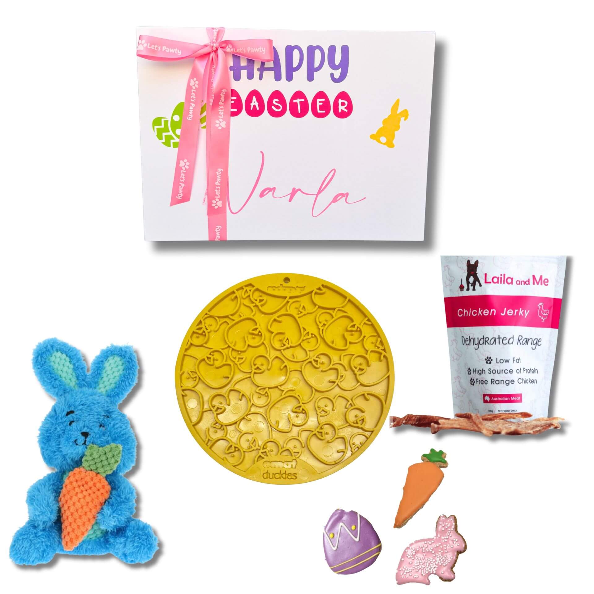 Bunny personalised dog gift box, let's pawty 