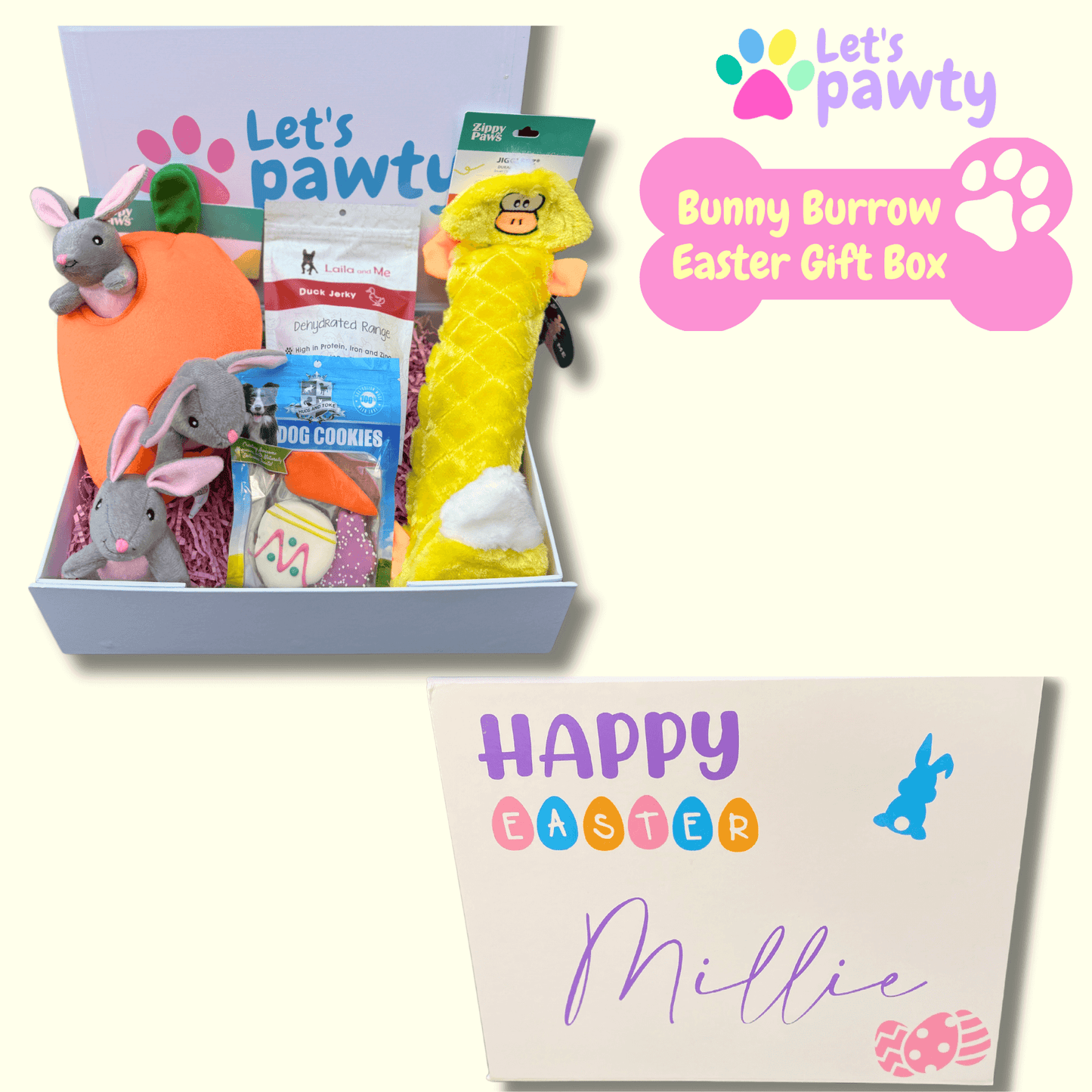 Easter themed dog gift box with toys and treats
