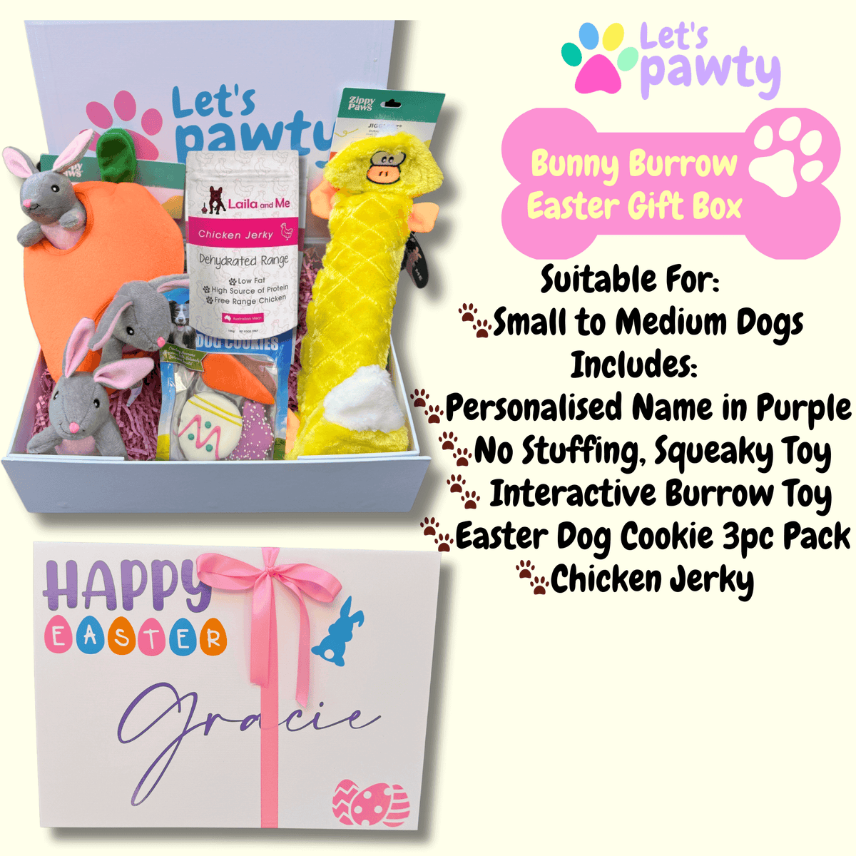 easter personalised dog gift box let's pawty