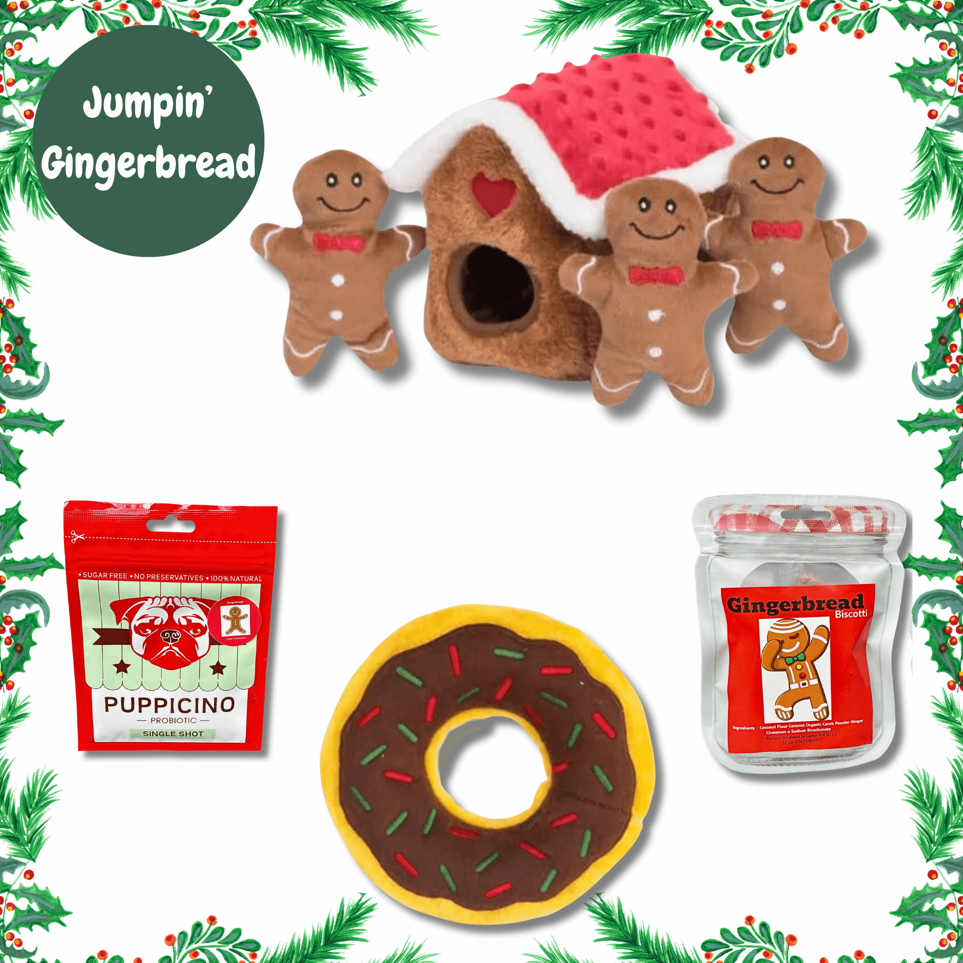 Christmas themed dog gift box, gingerbread, interactive dog toy, dog treat, let's pawty, personalised gift box