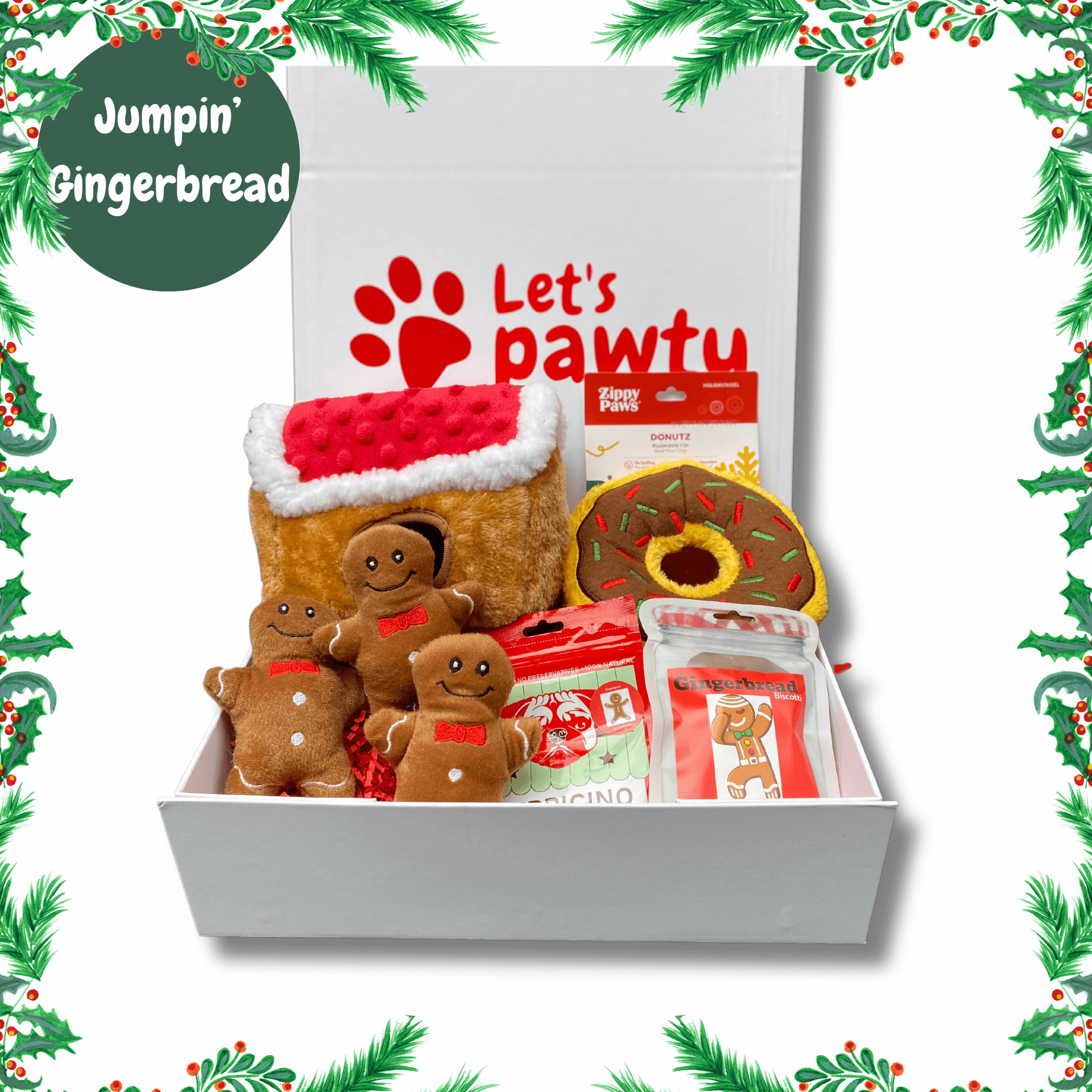 Christmas themed dog gift box, gingerbread, interactive dog toy, dog treat, let's pawty, personalised gift box