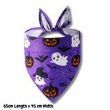 Halloween themed tie up dog bandana, purple with ghost and jack o lantern