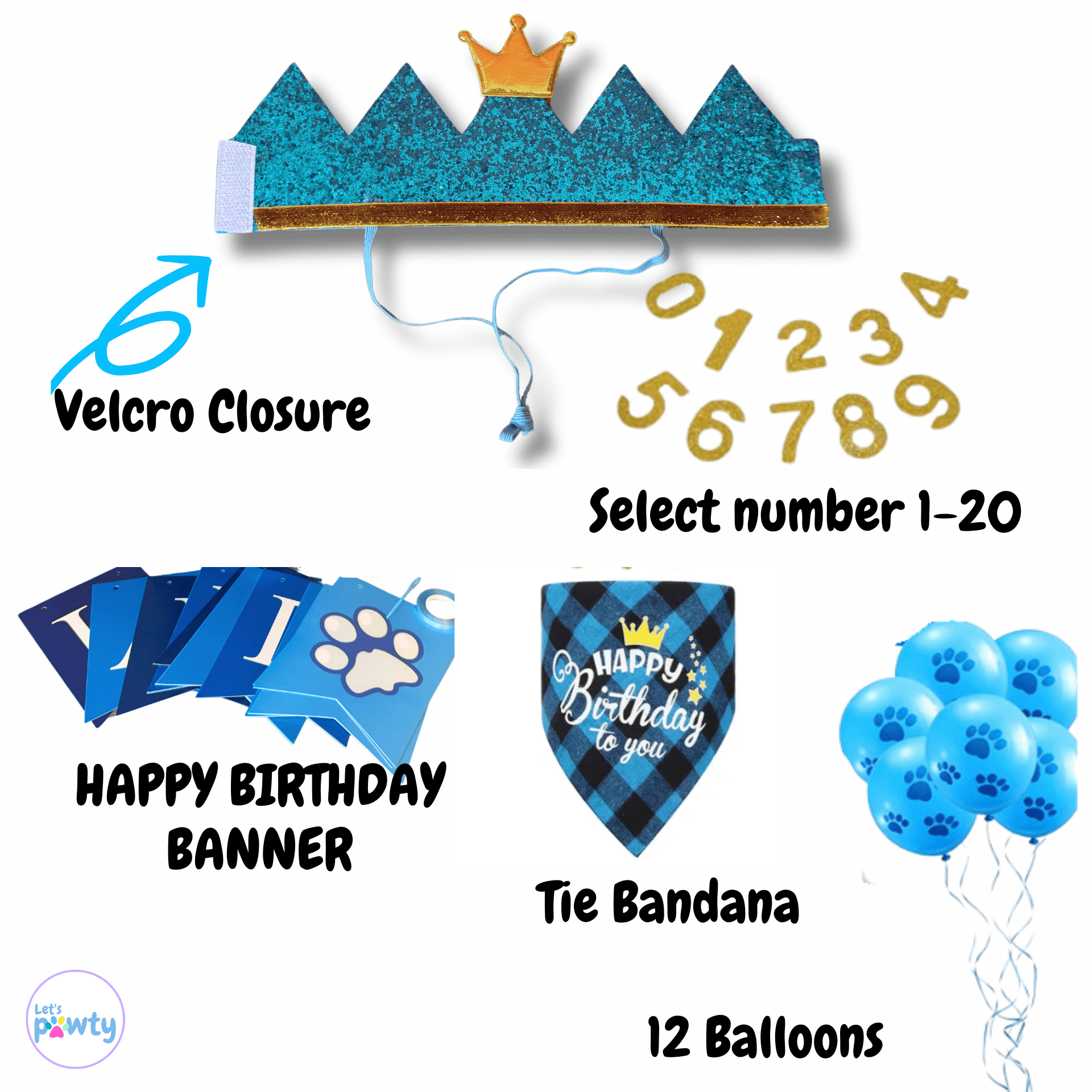 Ultimate Birthday in Blue Dog Party Set (Crown, Bandana, Banner ...