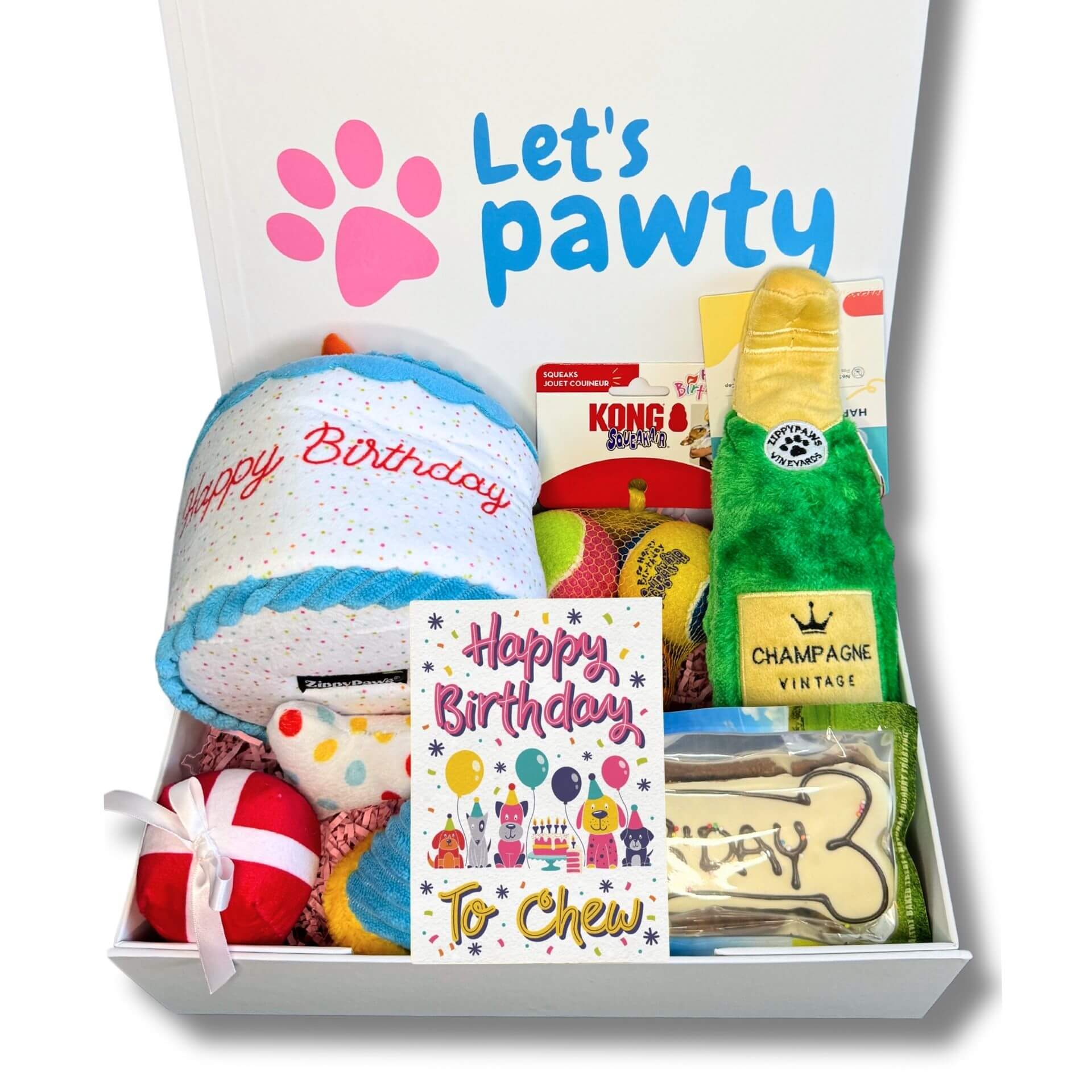 Happy birthday personalised dog gift box, let's pawty