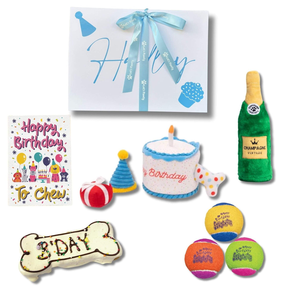 Happy birthday personalised dog gift box, let's pawty