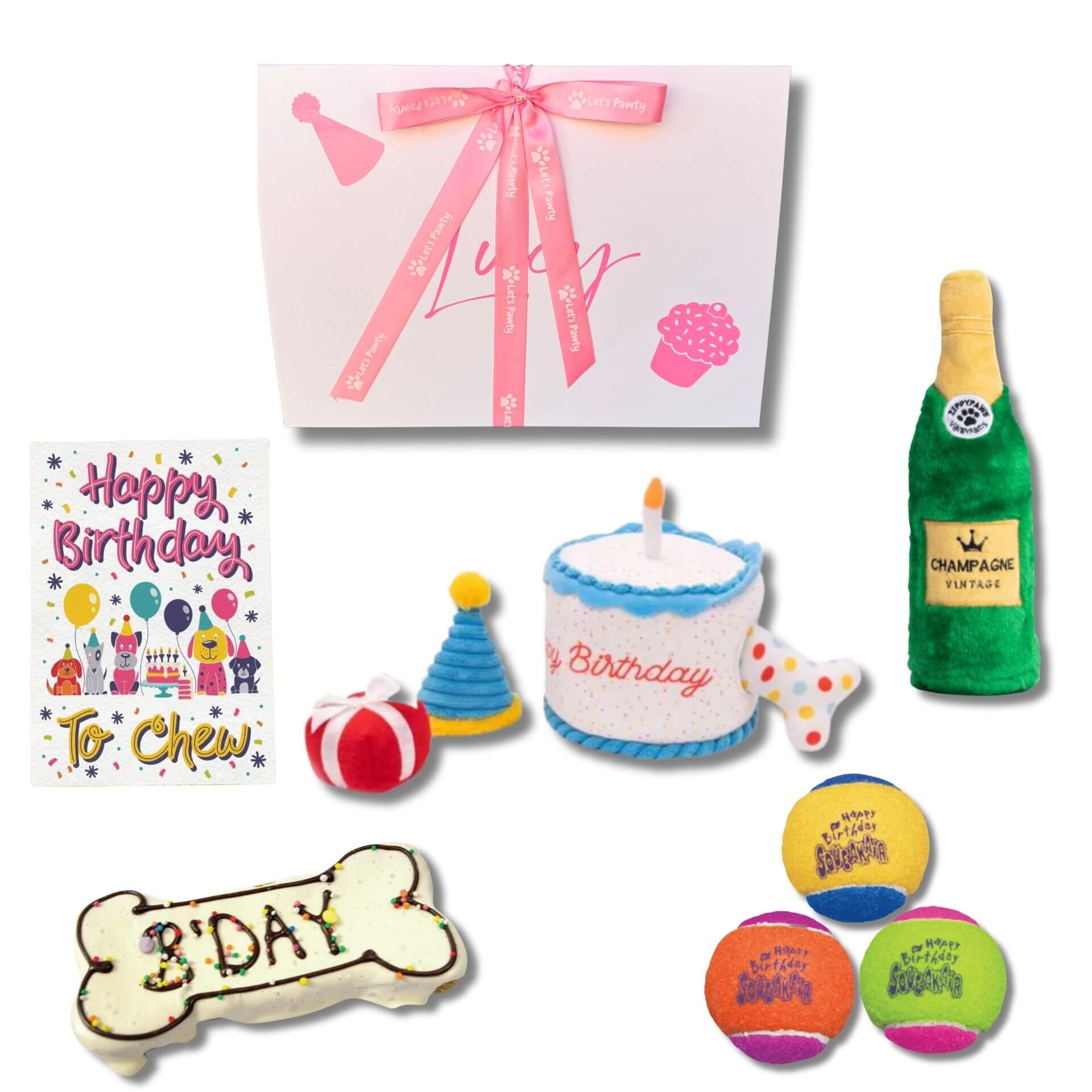 Happy birthday personalised dog gift box, let's pawty