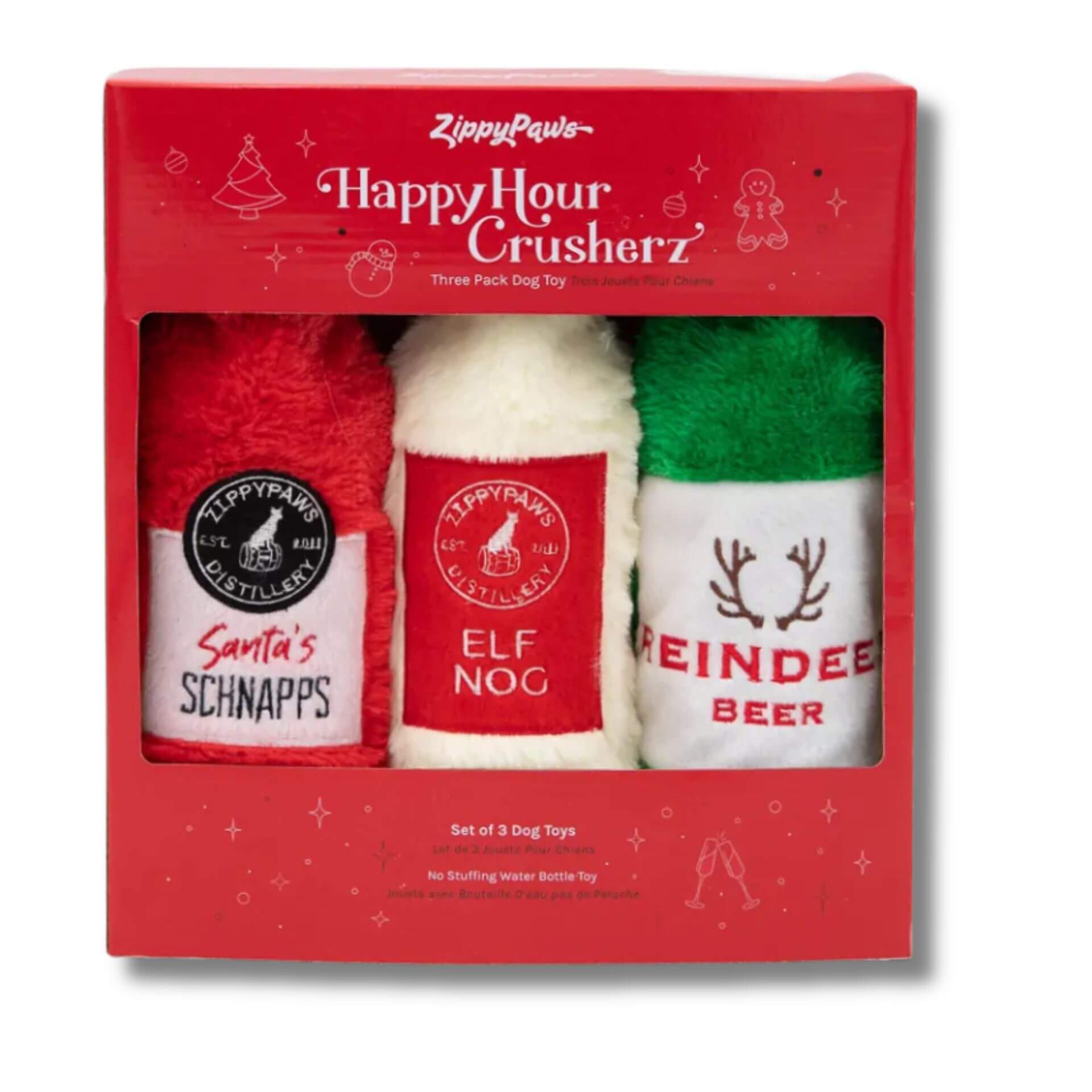 Hour Crusherz dog toy, reindeer beer, elf nog & santa' schnapps