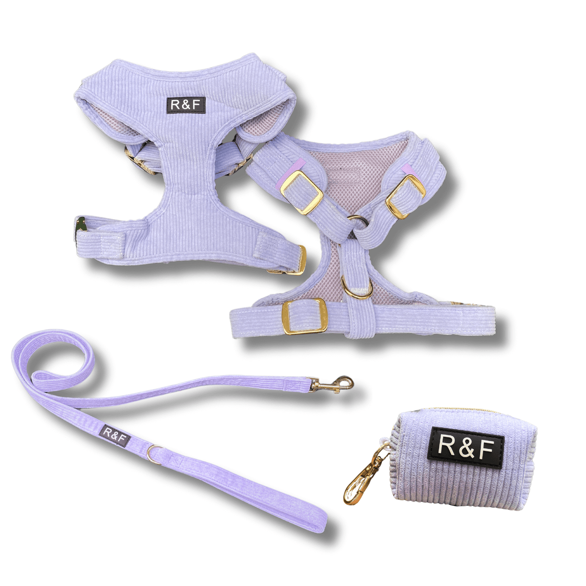 Lavender dog harness, dog leash and poop bag holder