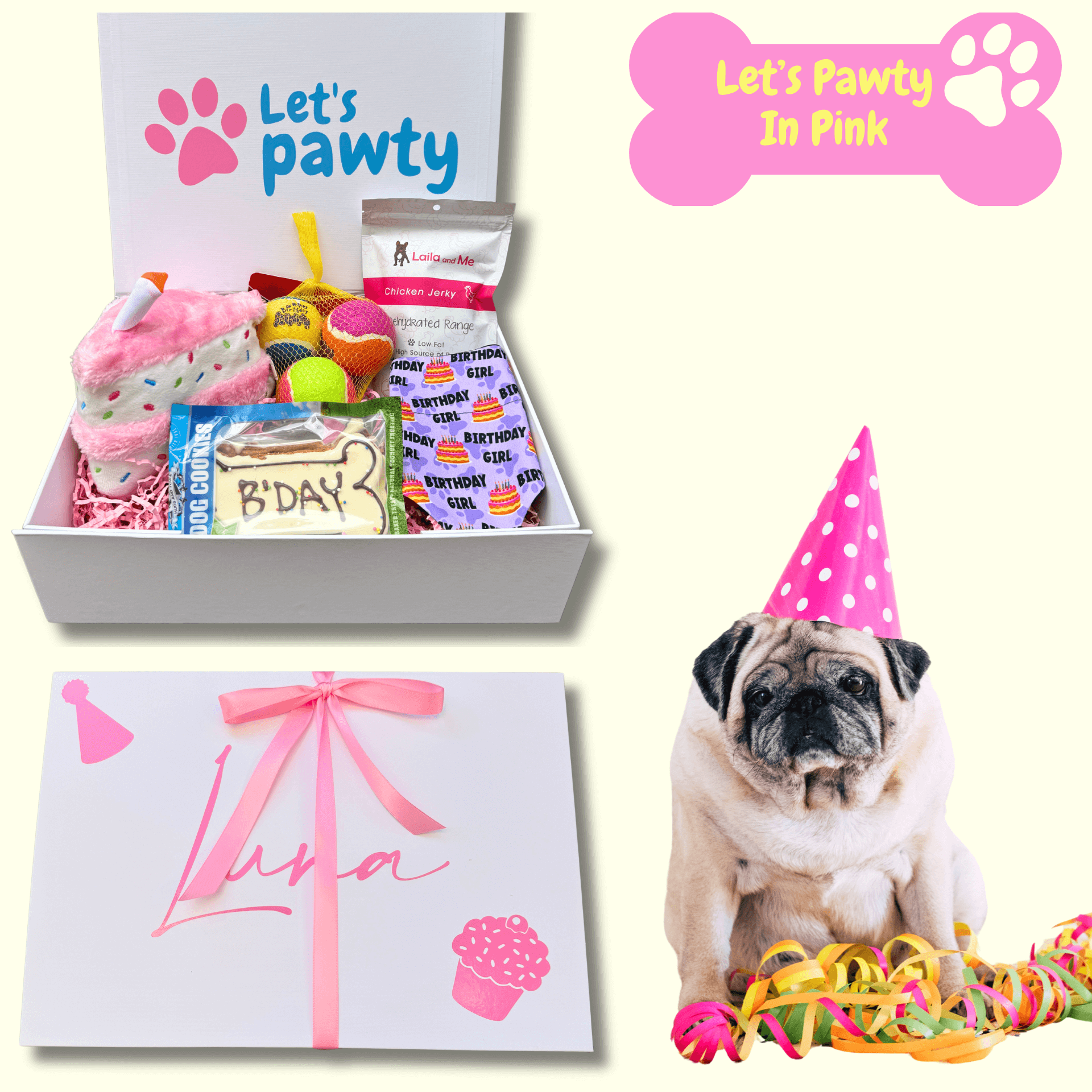 let's pawty personalised dog gift box,